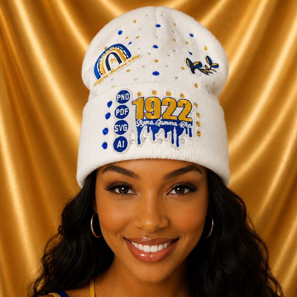 Sigma Gamma Rho Sorority 1922 White Knit Beanie Hat Blue Gold Rhinestone SGRho